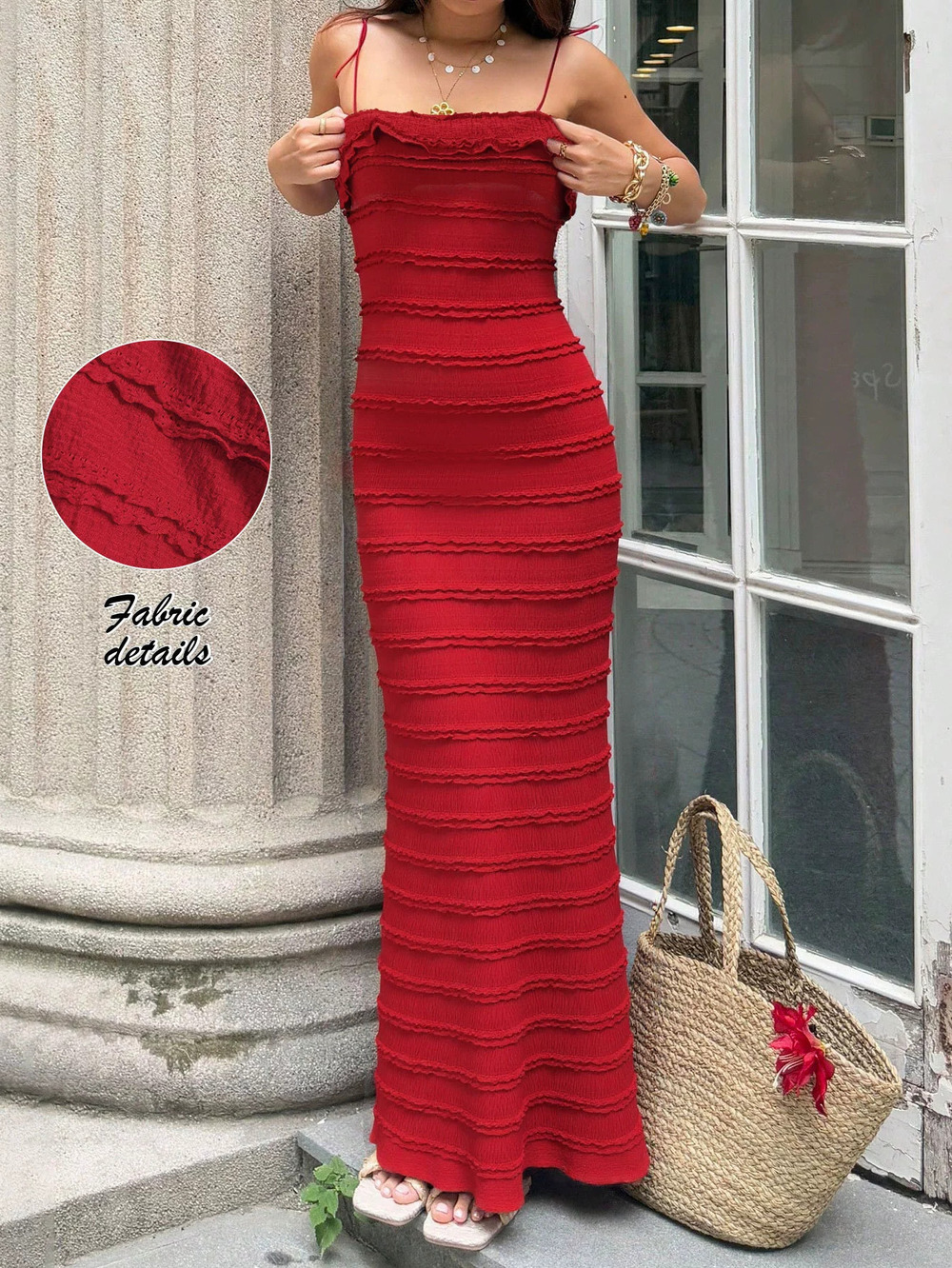 ZARA Red Ruffled Lace Spaghetti Strap Dress Slim Fit Sexy Maxi Unique